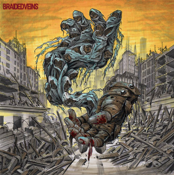 Illustration of figures amidst rubble and a destroyed cityscape.