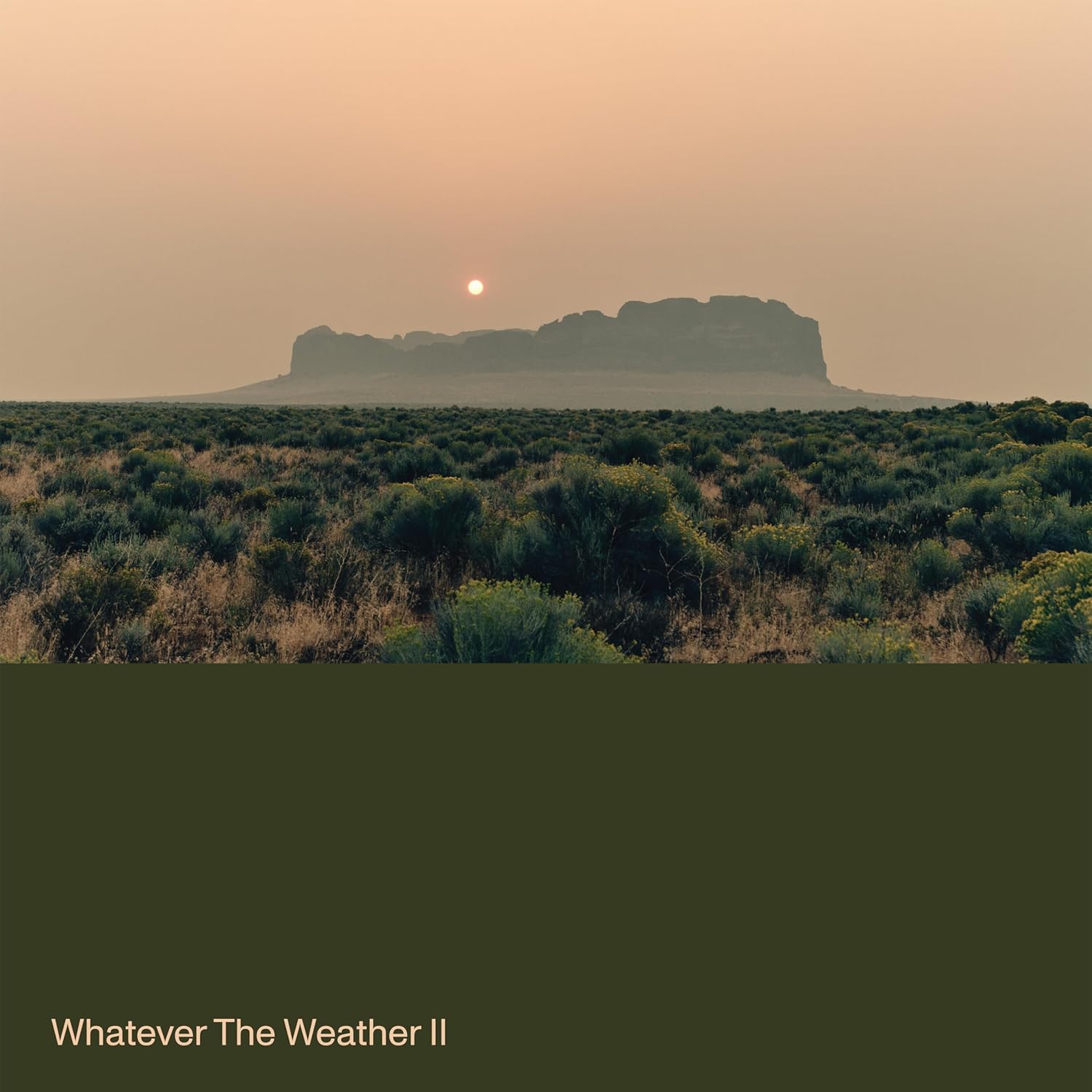 A hazy sunset over a desert mesa above a field of shrubs with text below.