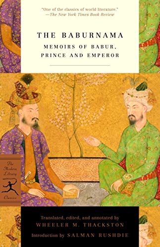 Book cover for The Baburnama featuring a Mughal painting of two men in traditional attire.