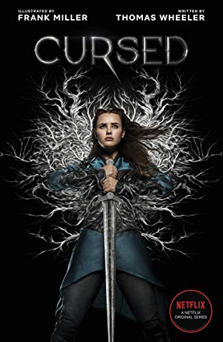 Woman with sword, framed by thorny branches, on a dark cover.