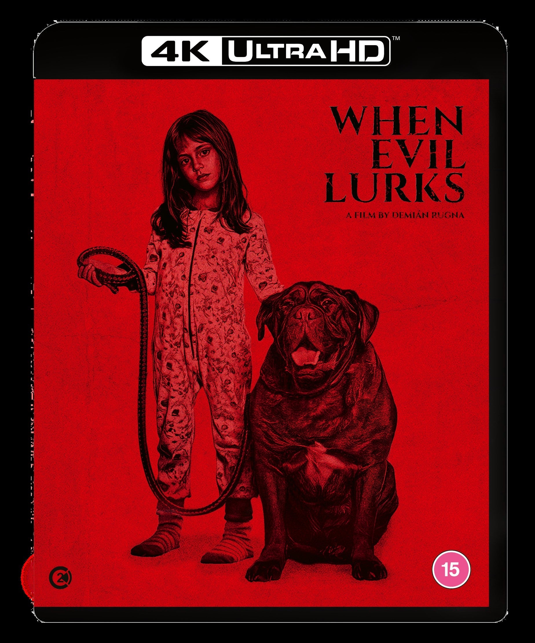 Red movie cover with a child and large dog, “When Evil Lurks” text.