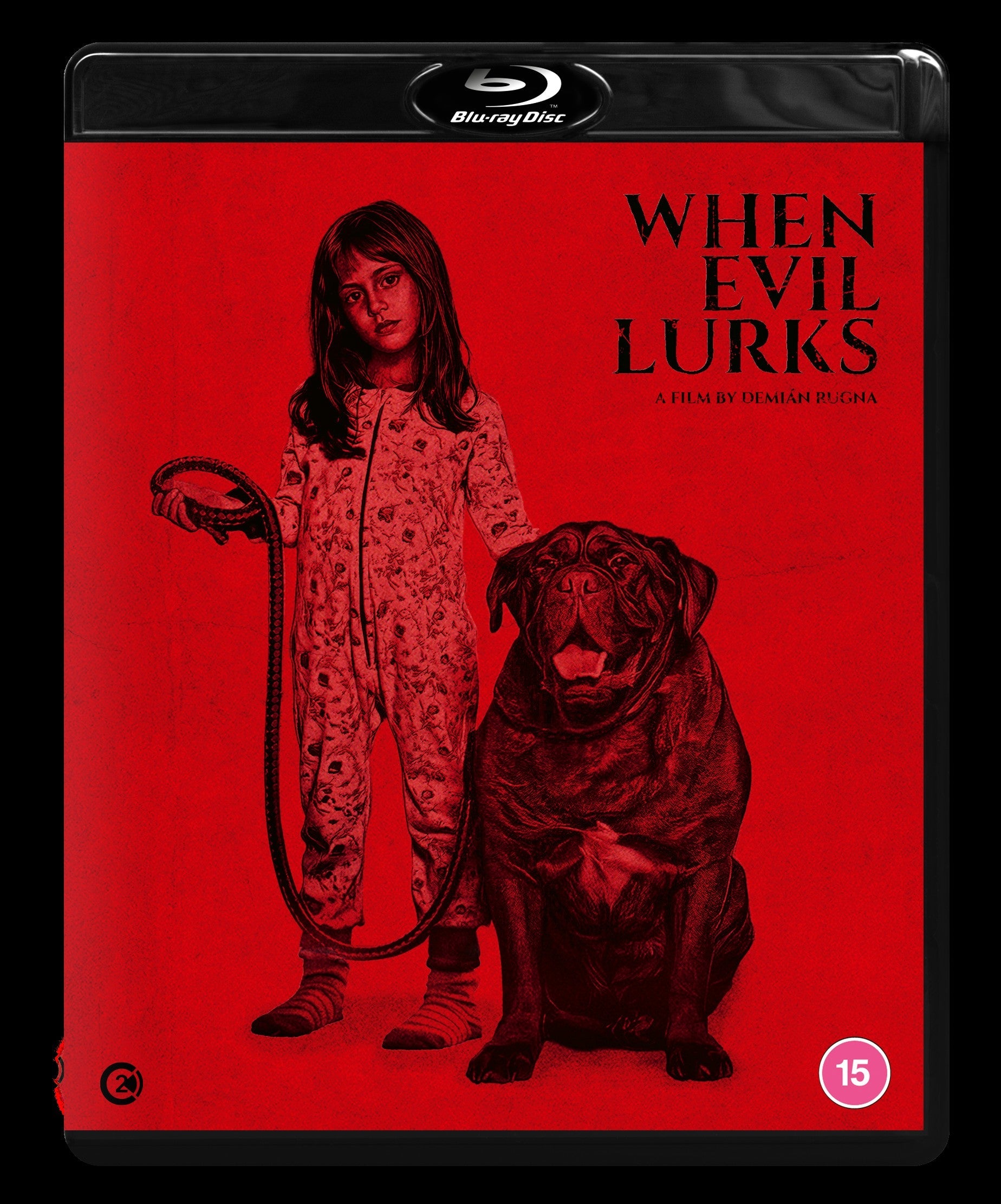 Blu-ray cover: child with dog against a textured red background.