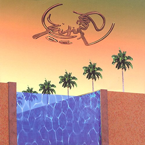CD cover with palm trees, a pool, and abstract script.