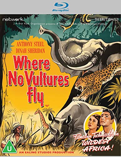 Blu-ray cover art featuring an elephant, leopard, rhino, and two actors in Africa.