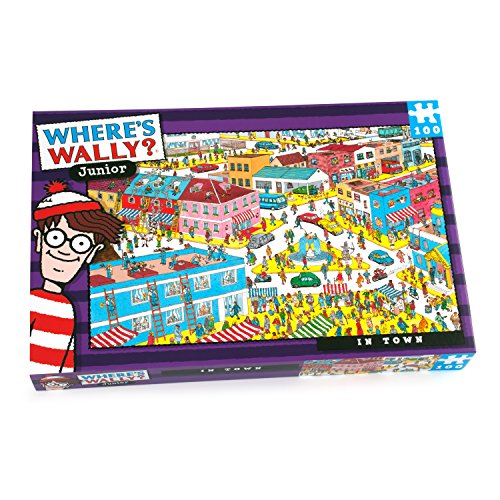 Where's Wally?" 100-piece puzzle box depicting a busy, colorful town scene.