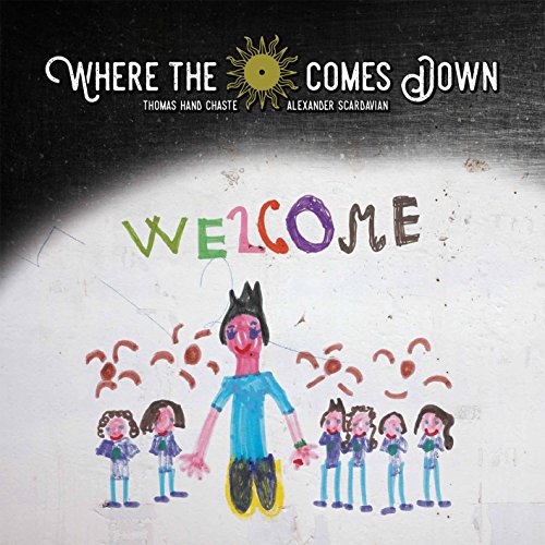 CD cover: dark background, colorful childlike drawing of people, sun.