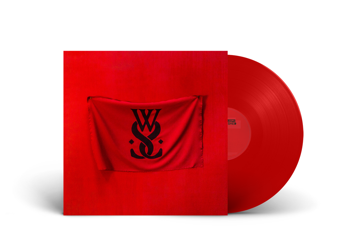 Red vinyl record with album cover featuring a black and red flag.