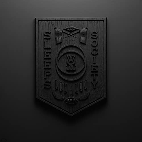 Dark, embossed shield with text “SLEEPS SOCIETY” and central circular design.