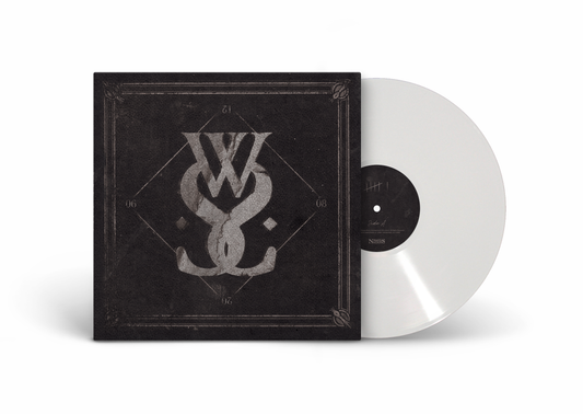 "Black vinyl record sleeve with white logo, partially revealing a white vinyl record."