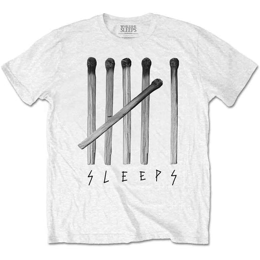 Black unisex t-shirt with “While She Sleeps” and matchstick graphic, size medium.