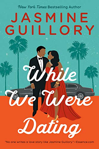 Book cover: couple in formal wear with palm trees, title "While We Were Dating".