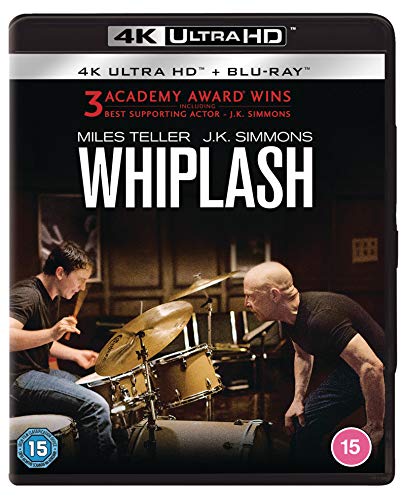 “Whiplash” Blu-ray cover featuring two drummers and a drum kit.