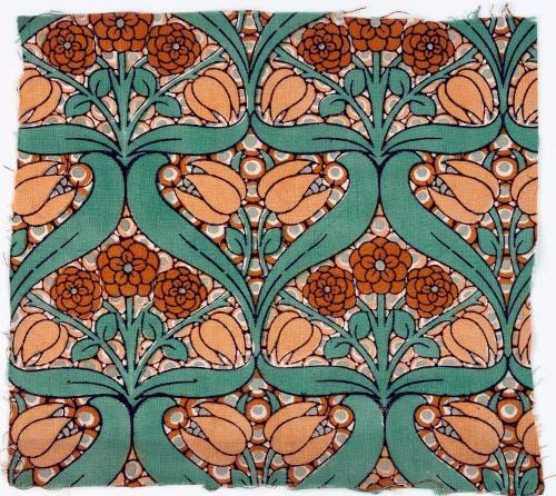 Art Nouveau floral textile pattern with orange and teal colors.