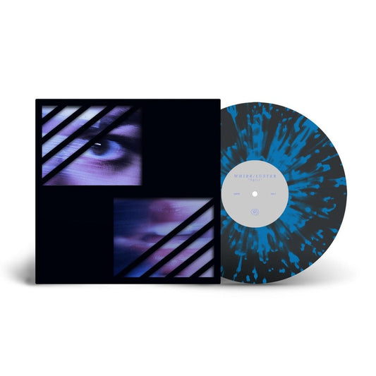 Vinyl record with blue and black splatter pattern, and abstract cover art.