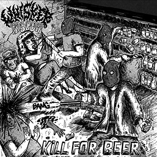 Black and white illustration of figures in a chaotic bar scene, vinyl record.