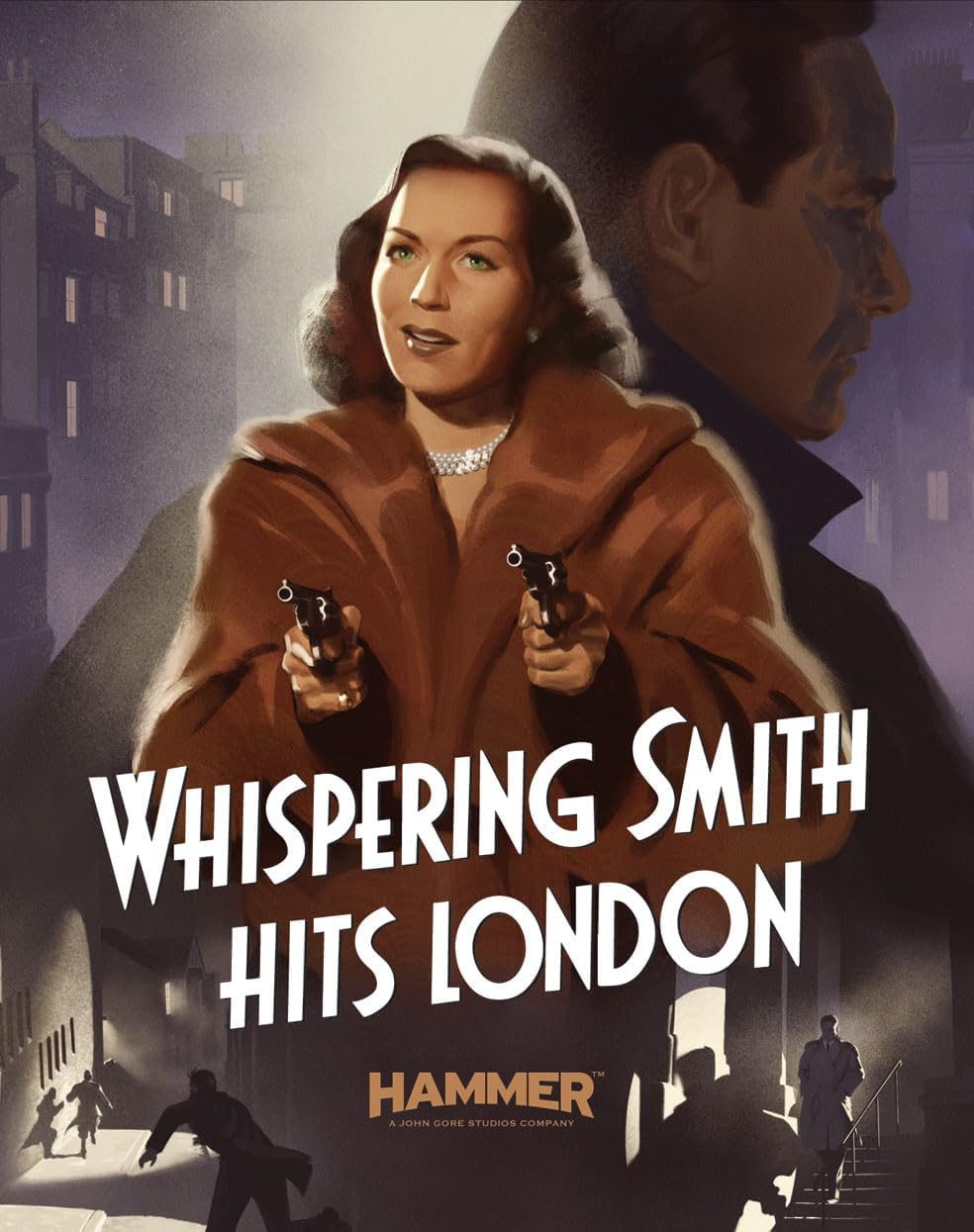 Film poster: woman with guns, shadowed man, London buildings backdrop.
