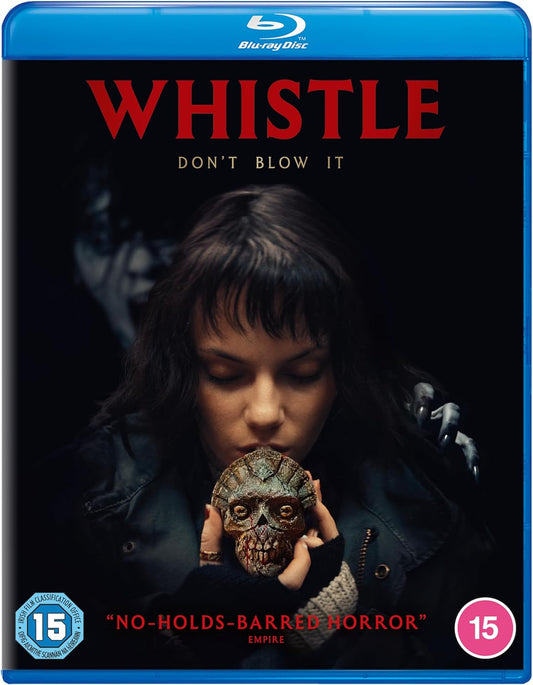 Blu-ray cover for horror film "Whistle" featuring a woman and skull.