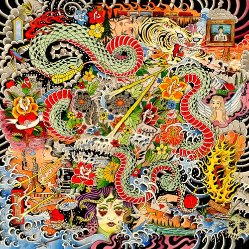 Intricate tattoo-style album cover with a dragon, tiger, and floral designs.