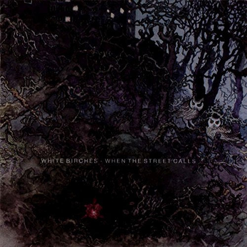Dark, textured album cover with bare trees, two owls, and a red leaf.