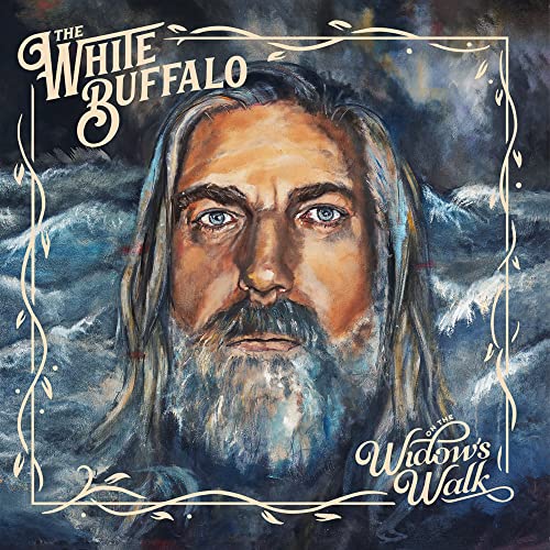 Painted portrait of a bearded man with long hair, stormy sea background.