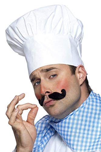White chef's hat and fake mustache on a man’s face.