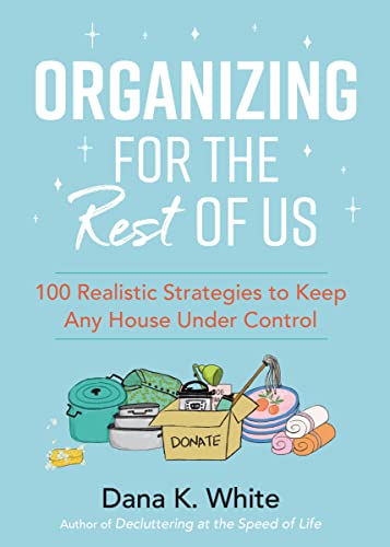 Book cover: "Organizing for the Rest of Us" with cleaning supplies illustration.