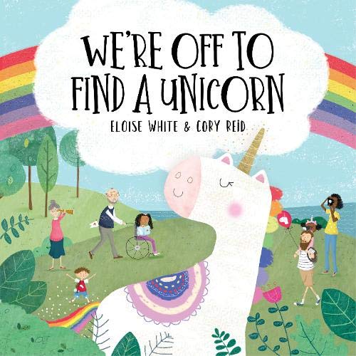 Book cover with a white unicorn, rainbow, and diverse people outdoors.