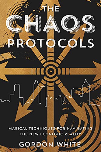 Book cover: "The Chaos Protocols" with gold geometric design and city skyline.