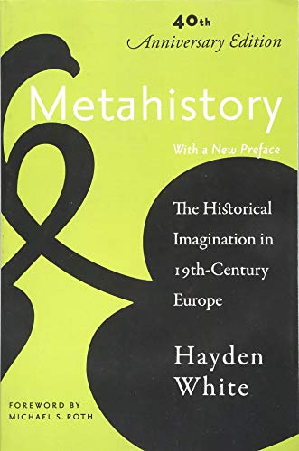 Book cover of Metahistory by Hayden White with black abstract shapes on lime green.
