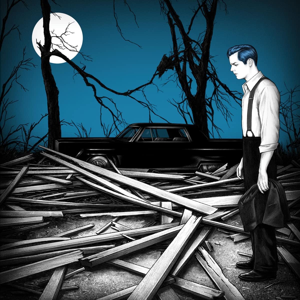 "Album cover art: man standing amidst wooden planks, car, and bare trees under a full moon."