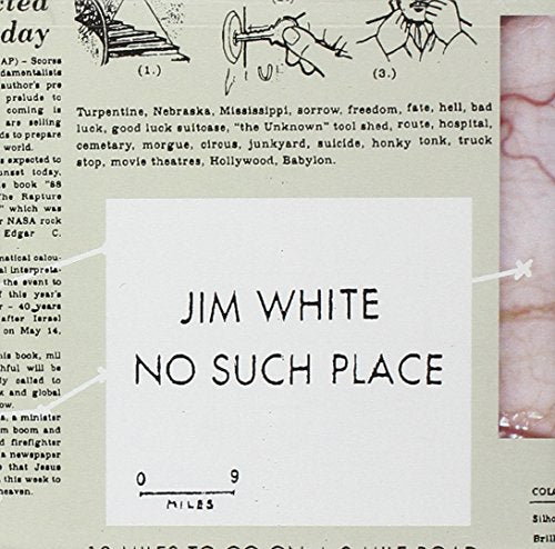 CD cover for Jim White’s “No Such Place” with text and collage imagery.