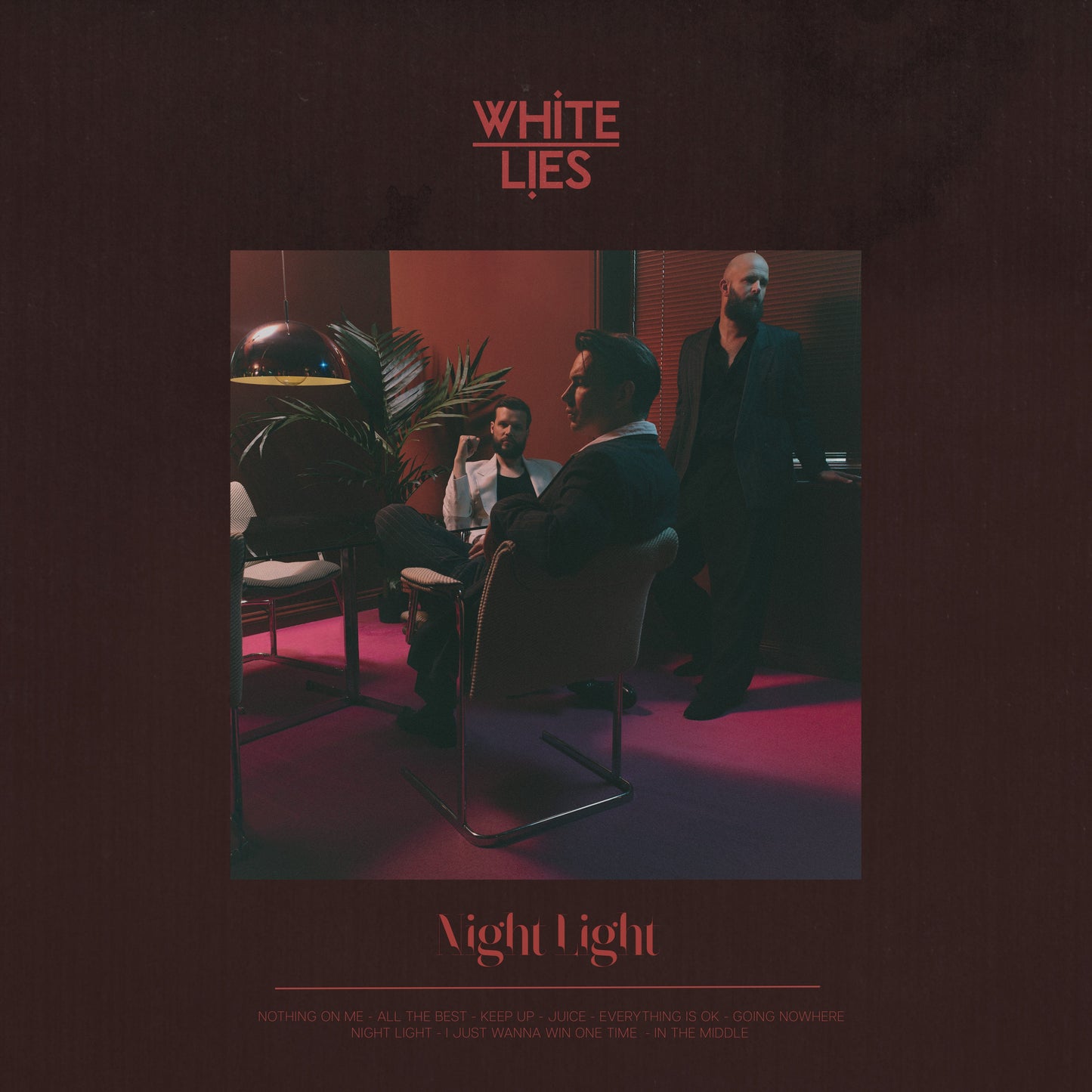 CD cover for White Lies’ “Night Light” featuring three men in a dimly lit room.