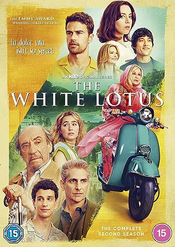 The White Lotus" Season 2 DVD cover with cast and a teal scooter.