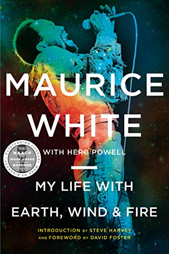 Book cover featuring Maurice White singing against a colorful, starry, cosmic background.