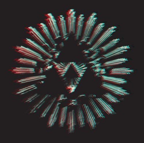 The image depicts a vinyl record cover with a distorted, 3D-like graphic on a black background. Alt text: Distorted red and blue graphic on a black vinyl record cover.