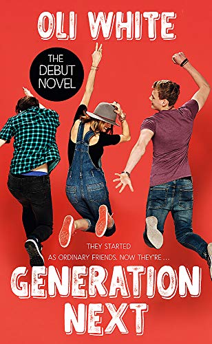 Book cover: three young people jumping on a red background.