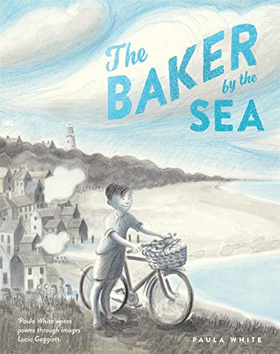 Book cover: boy with bread basket on a bicycle by the sea.