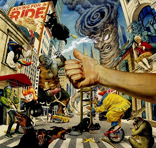 Painted album cover with chaotic street scene, monsters, and a giant hand.