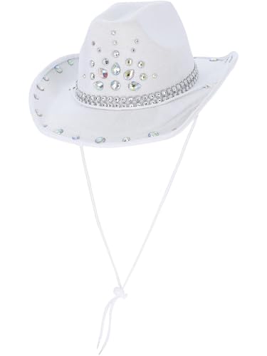White cowboy hat embellished with sparkling rhinestones and a chin strap.