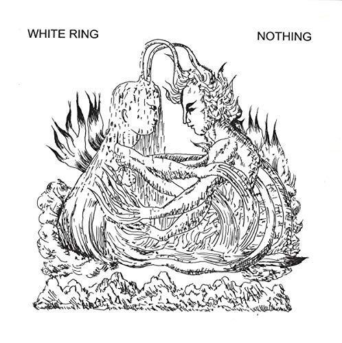 Black and white illustration of two figures embracing amidst swirling lines.