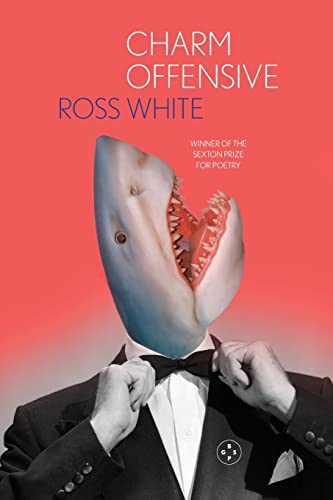 Book cover: shark head in a suit and tie, red background.
