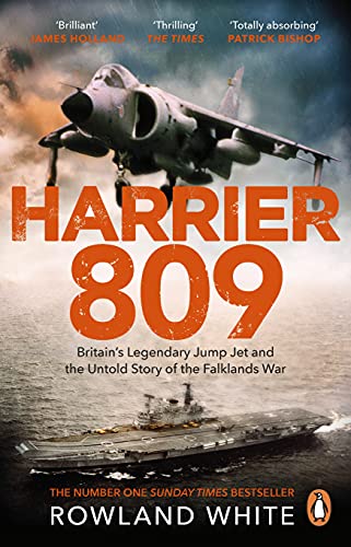 Book cover featuring a Harrier jump jet in flight over a naval fleet.