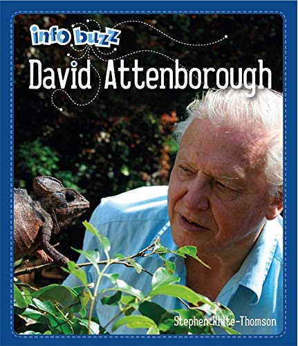 Book cover featuring David Attenborough with a chameleon, Info Buzz series.
