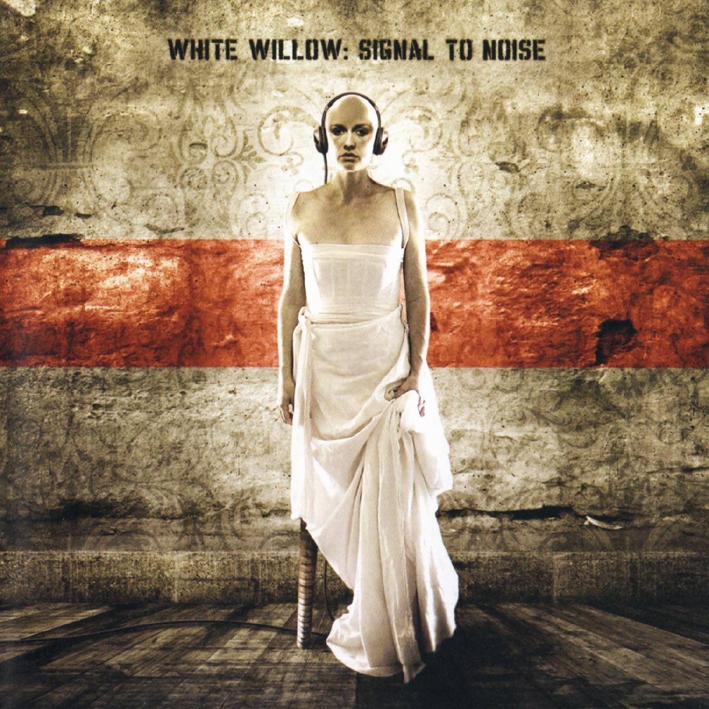 Album cover: person in white dress with headphones, distressed background.