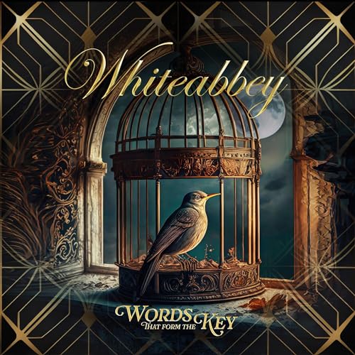 A bird inside an ornate cage against a moonlit window with Art Deco framing.