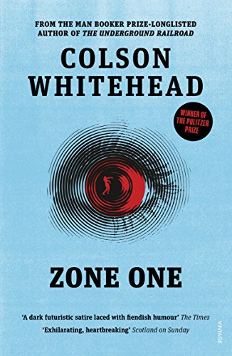 The image depicts the cover of "Zone One" by Colson Whitehead. Alt text: Blue book cover with red and black concentric circles and title.