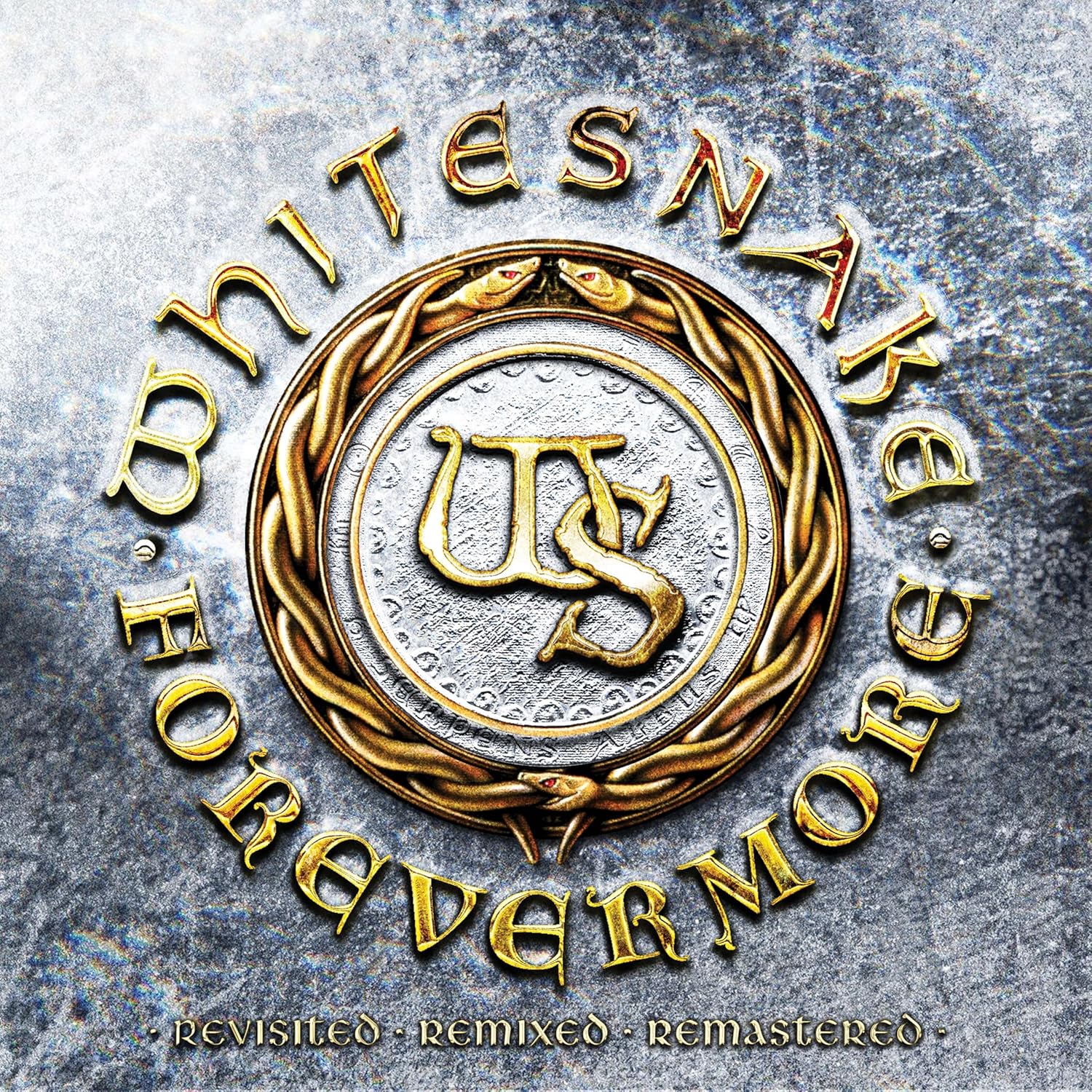 Whitesnake Forevermore album cover featuring a gold snake emblem on a textured grey background.