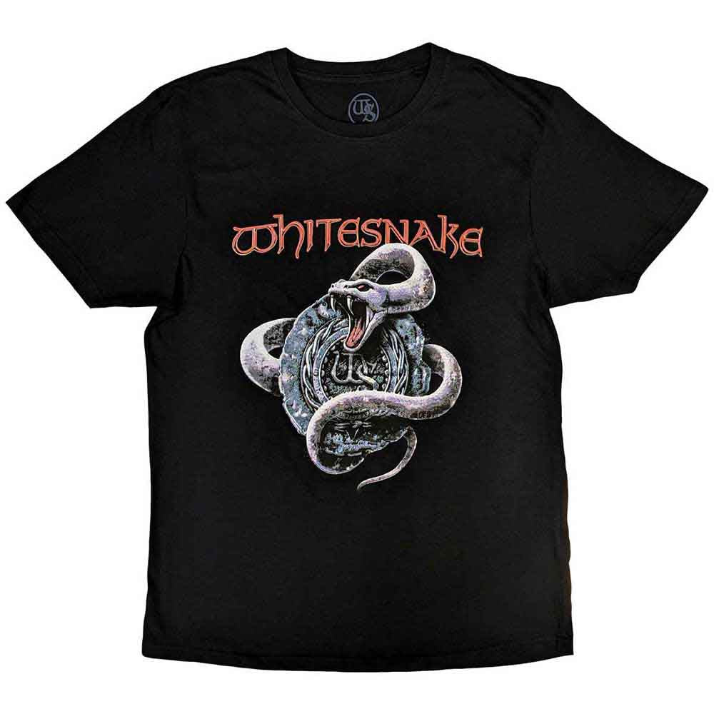 Silver snake design on a medium-sized, unisex black Whitesnake t-shirt.