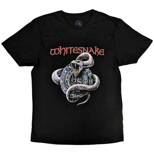 Silver snake design on a medium-sized, unisex black Whitesnake t-shirt.