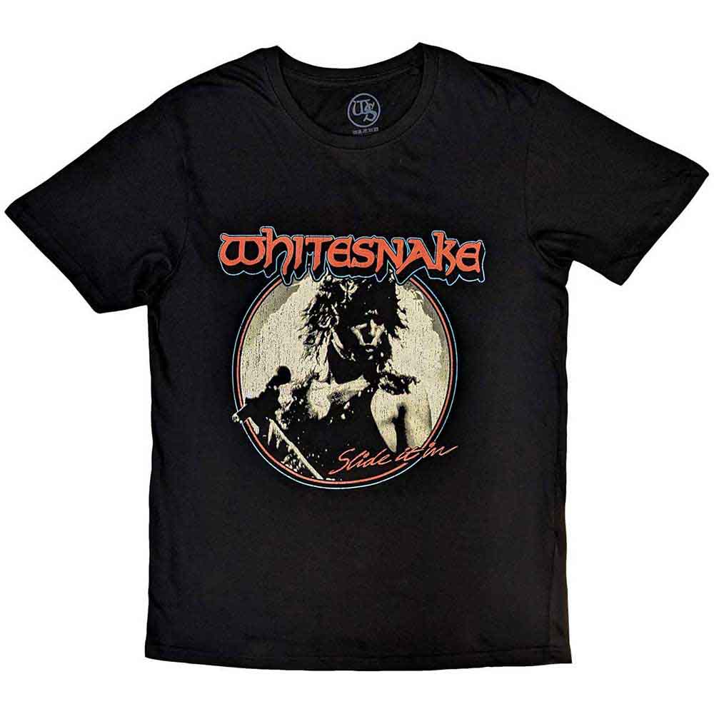 Black unisex t-shirt featuring the Whitesnake Slide It In album cover graphic on front.